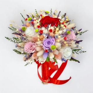 Buchet mare personalizabil cu trandafiri naturali criogenati si flori naturale uscate si criogenate