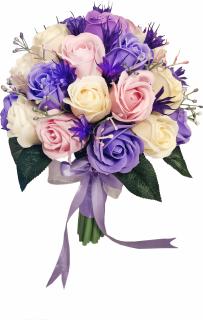 Buchet mare personalizabil cu trandafiri, plante decorative si frunze (Violet, Roz, Crem)