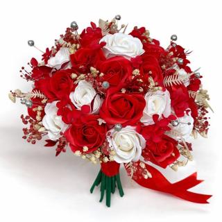 Buchet mare predominant rosu pentru nasa, mireasa sau cadou personalizabil ,cu trandafiri, hortensie si plante stabilizate