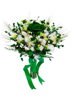 Buchet mediu personalizabil cu trandafir criogenat si flori  naturale uscate alb - verde smarald