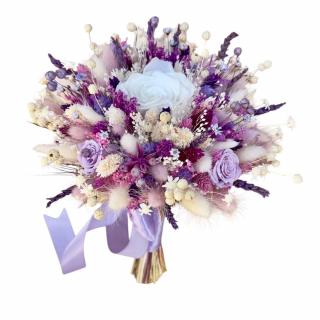 Buchet mediu personalizabil cu trandafiri criogenati si flori  naturale uscate alb- mov