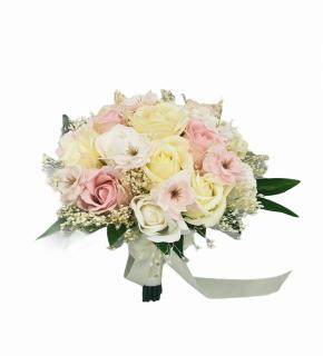 Buchet mediu personalizabil cu trandafiri, flori de cires si floarea miresei (Alb, Roz, Crem)