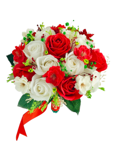 Buchet mediu personalizabil cu trandafiri flori de cires si floarea miresei (Rosu, Alb)