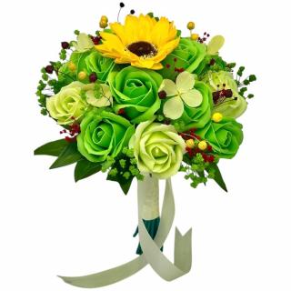 Buchet mediu personalizabil cu trandafiri, flori de hortensie si floarea miresei ( Verde-Galben )