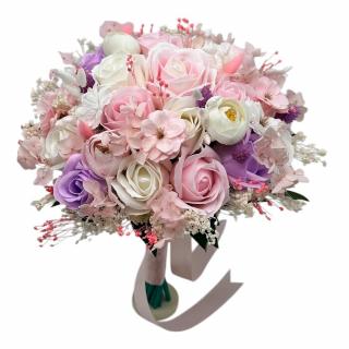 Buchet mediu personalizabil cu trandafiri, mini bujori, hortensie , flori de cires si floarea miresei (Alb, Roz)