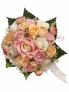 Buchet mediu personalizabil cu trandafiri, mini bujori si floarea miresei (Alb, Roz, Somon)
