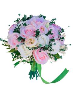 Buchet mediu personalizabil cu trandafiri, mini bujori si floarea miresei (Alb, Roz, Verde)
