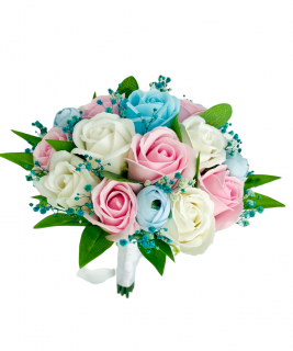 Buchet mediu personalizabil cu trandafiri, mini bujori si floarea miresei (Bleu, Multicolor)