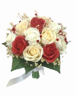 Buchet mediu personalizabil cu trandafiri si floarea miresei (Rosu, Alb, Crem)