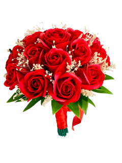 Buchet mediu personalizabil cu trandafiri si floarea miresei (Rosu)