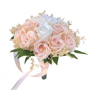 Buchet mediu personalizabil cu trandafiri si floarea miresei (Roz, Alb)