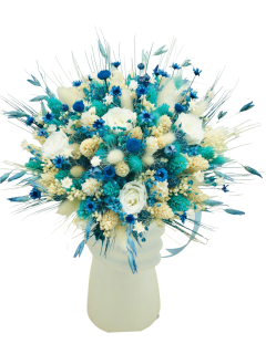 Buchet mediu personalizabil cu trandafiri si flori uscate (Bleu, Alb)