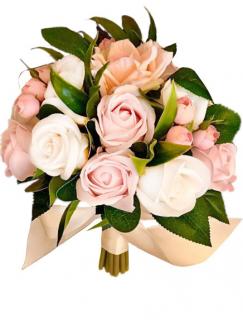 Buchet mediu personalizabil cu trandafiri si frunze (Alb, roz)
