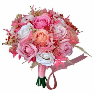 Buchet mediu predominant roz pentru nasa, mireasa sau cadou personalizabil ,cu trandafiri, hortensie si plante stabilizate