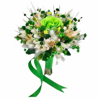 Buchet mic cu trandafir si mix de flori naturale uscate, alb- verde