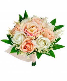 Buchet mic personalizabil cu trandafiri, bujori si flante naturale uscate (Alb, Roz)