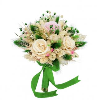 Buchet mic personalizabil cu trandafiri din catifea si flori naturale uscate si criogenate, (Ivory   Verde)