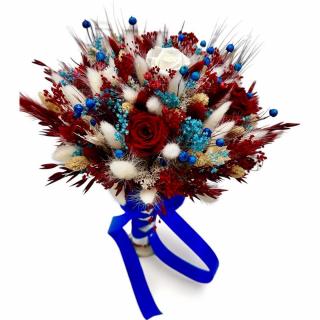 Buchet nasa sau mireasa, elegant cu trandafiri criogenati si plante naturale uscate - Culori vibrante, durabilitate exceptionala
