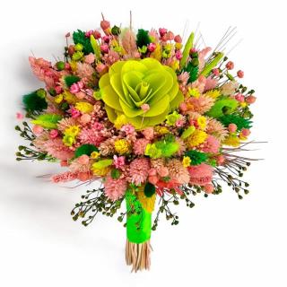 Buchet personalizabil cu flori naturale uscate si stabilizate roz-verde, rezistent peste ani