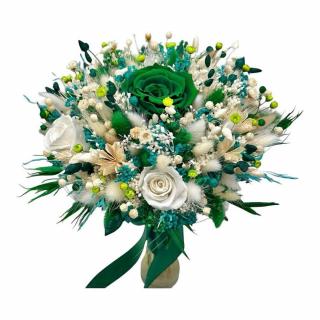 Buchet  personalizabil cu trandafirI criogenatI si flori  naturale uscate alb - verde smarald