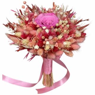 Buchet roz intens  personalizabil cu trandafiri criogenati si flori  naturale uscate