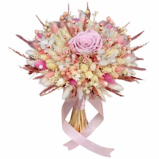 Buchet roz pal personalizabil cu trandafiri criogenati si flori  naturale uscate