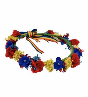 Coronita traditionala din flori, tricolor Romania, marime personalizabila (Albastru   Galben   Rosu)