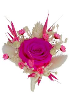 Floare de piept personalizabila, Cocarda, Mini roza criogenata si Plante naturale uscate (Roz Alb)