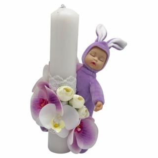 Lumanare Botez EVENTISSIMI - Orhidee si bujori cu Somnoros din plus, 30 cm, Alb Mov