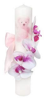 Lumanare botez mica personalizabila cu orhidee si print cu ursulet (Roz)