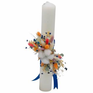 Lumanare de cununie   botez, 40 cm, cu bumbac si plante naturale uscate (personalizabila cromatic si cu text)
