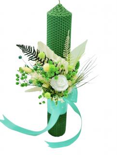 Lumanare de cununie, nunta sau botez, personalizabila cu trandafir criogenat si plante uscate (Verde)