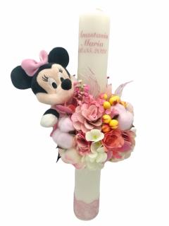 Lumanare Minnie pentru botez fetita, 40 cm, cu flori din matase, real touch si naturale (personalizabila cromatic si cu text)