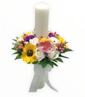 Lumanare Nunta sau Botez Eventissimi cu Trandafiri, Orhidee si Floarea Soarelui, Multicolor