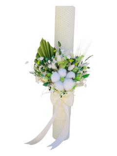 Lumanare pentru cununie   botez, 40 cm, cu flori criogenate, plante naturale uscate  si floare de bumbac(personalizabila cromatic si cu text)