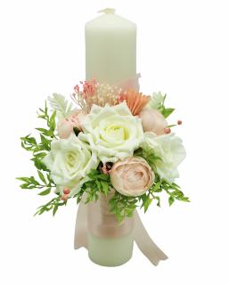 Lumanare pentru cununie   botez, 40 cm, cu flori din matase si plante naturale uscate (personalizabila cromatic si cu text)