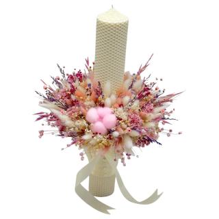 Lumanare pentru cununie   botez, 42 cm, cu floare de bumbac si plante uscate (personalizabila cromatic si cu text)