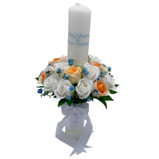 Lumanare pentru Nunta sau Botez, Personalizabila cu nume si data, trandafiri sapun si frunze real touch, Eventissimi, 40 cm, Multicolor
