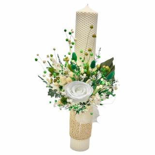 Lumanare personalizabila, alb-verde, pentru nunta sau botez cu aranjament frontal cu trandafir criogenat si plante naturale uscate, 42 cm