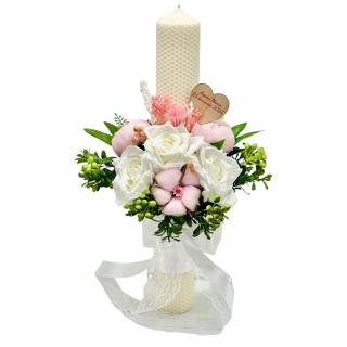 Lumanare  tip fagure pentru cununie   botez, 40 cm, cu flori din matase, bumbac si plante naturale uscate (personalizabila cromatic si cu text)