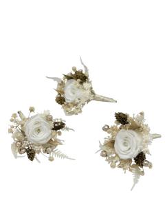 Set 3 Cocarde cu miniroze si flori naturale uscate alb-auriu