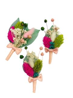 Set 3 Cocarde  flori pentru piept, din plante Naturale Uscate si frunze tip voal