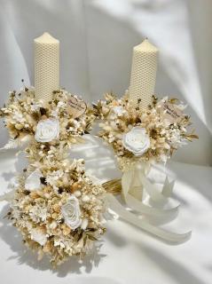 Set buchet, lumanari cu trandafiri criogenati si plante naturale uscate, lumanari tip fagure - Multicolor