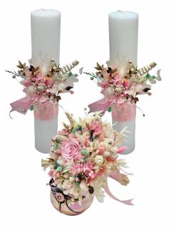 Set buchet si lumanari din parafina cu trandafir criogenat si plante naturale uscate  - Roz Multicolor