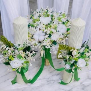 Set buchet si lumanari tip fagure cu trandafir criogenat si plante naturale uscate  - Alb Verde