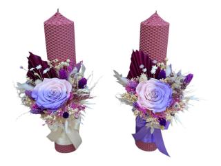 Set lumanari colorate pentru nunta sau botez cu aranjament frontal cu trandafir criogenat, plante uscate si frunza de palmier, 30 cm (Alb, Mov)