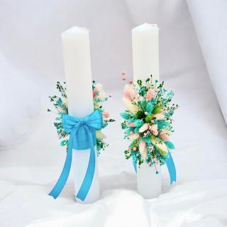 Set lumanari din parafina ,pentru cununie 40 cm, cu plante naturale uscate (personalizabila cromatic si cu text)