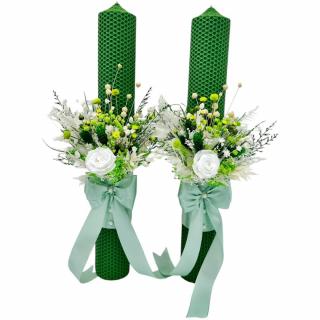 Set lumanari fagure, cu aranjament alb-verde, pentru cununie  42 cm, cu flori criogenate si plante naturale uscate (personalizabil cromatic si cu text)