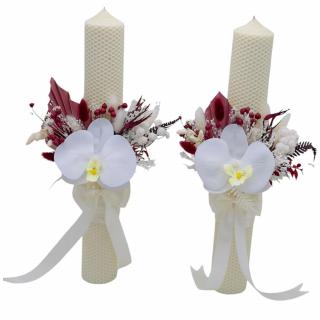 Set lumanari fagure personalizabile, alb-grena, pentru nunta cu aranjament frontal cu orhidee real touch si plante naturale uscate, 40 cm