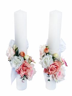 Set Lumanari nunta   botez, 40 cm, alb   roz, trandafiri si minibujori din matase